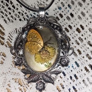 Butterfly Cameo In Silver Tone Metal Frame 16-18 Adjustable Cord Necklace